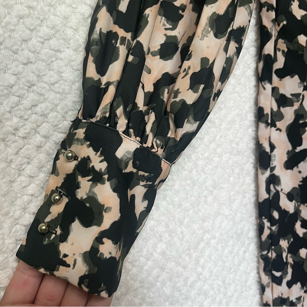 H&M Womens Shift Dress Black Green and Cream Patterned Long Sleeve Dress Small - Picture 6 of 11